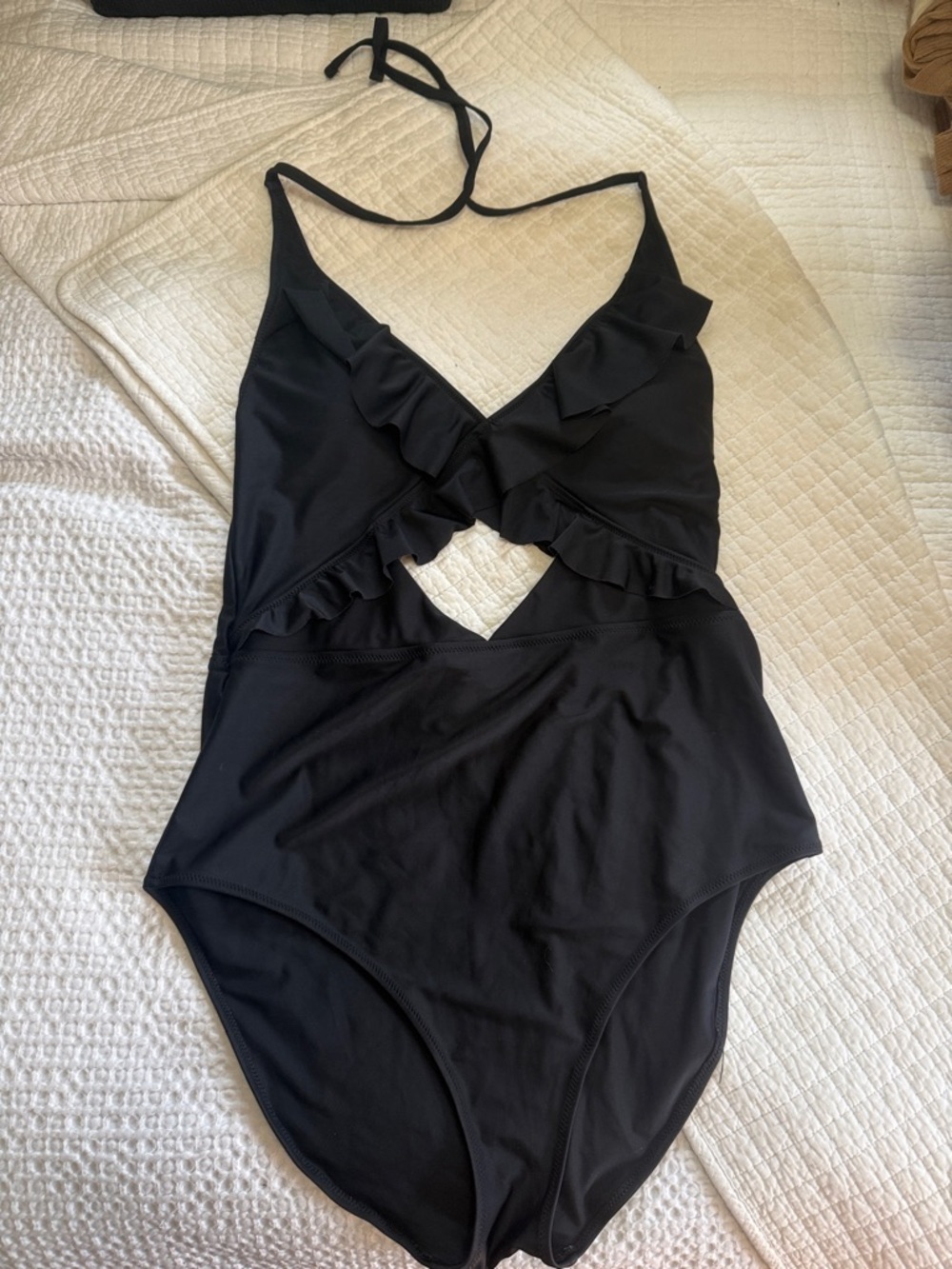 aerie Black Ruffle Cutout One-Piece Swimsuit